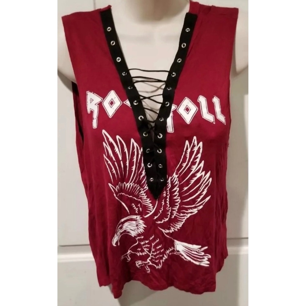 Charlotte Russe Rock & Roll Eagle Graphic Lace Up Grommet Sleeveless Top Red M - Picture 2 of 8